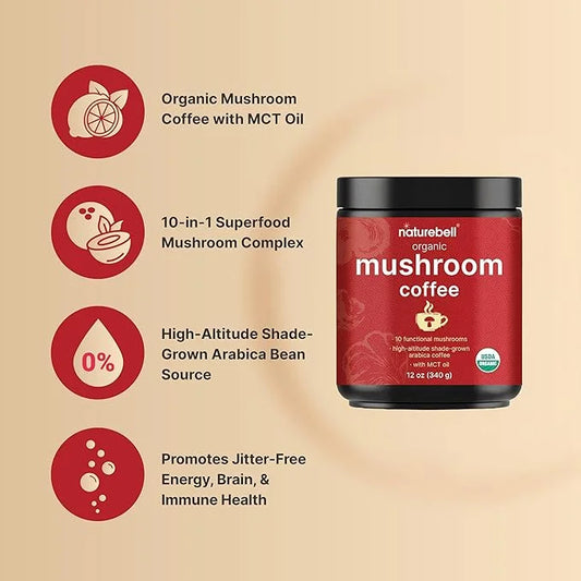 Organic Mushroom Coffee with MCT Oil, 12oz | 10 in 1 Adaptogenic Mushrooms – Lions Mane, Shiitake, Reishi, Chaga, & More –...