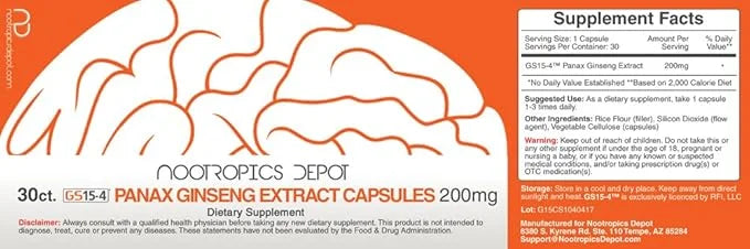 Nootropics Depot GS15-4 Panax Ginseng Extract Capsules 200mg | 30 Count