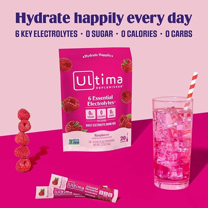Ultima Replenisher Daily Electrolyte Powder Drink Mix – Raspberry, 20 Stickpacks – Hydration Packets with 6 Key Electrolyt...