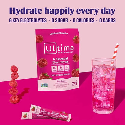 Ultima Replenisher Daily Electrolyte Powder Drink Mix – Raspberry, 20 Stickpacks – Hydration Packets with 6 Key Electrolyt...