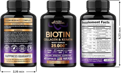 Biotin | Collagen | Keratin | 25000 mcg B1 | B2 | B3 | B6 | B7 - 60 Capsules