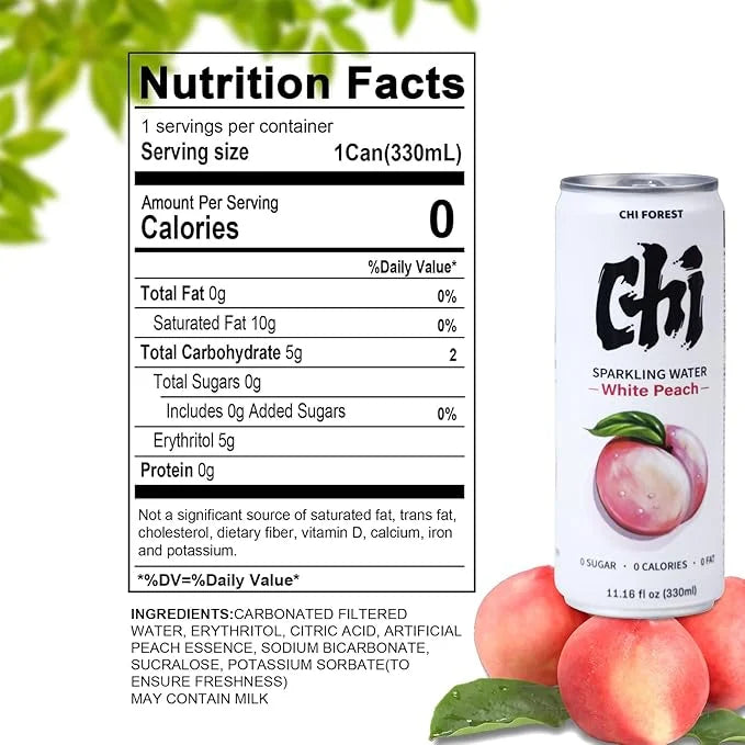 Chi Forest Sparkling Water,Caffeine free,Gluten free,Vegan,0 sugar,0 calories,White Peach Flavor,11.16 Fl oz,24 Cans - Pro...