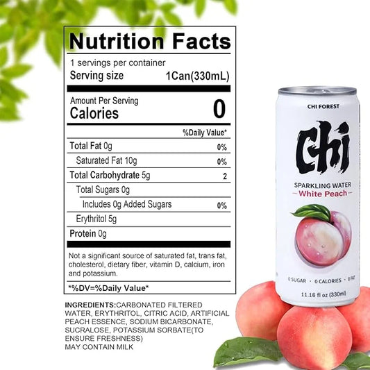 Chi Forest Sparkling Water,Caffeine free,Gluten free,Vegan,0 sugar,0 calories,White Peach Flavor,11.16 Fl oz,24 Cans - Pro...