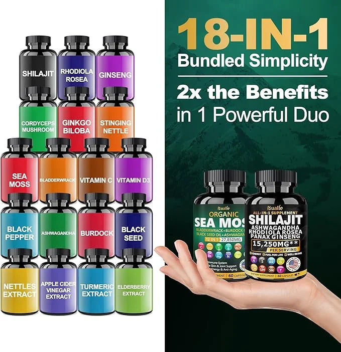 Sea Moss and Shilajit Bundle 60 Count 18000mg, Black 4000mg, Ashwagandha 1000mg, Ginger 9000mg, Rhodiola 1000mg, All 1 Sup...