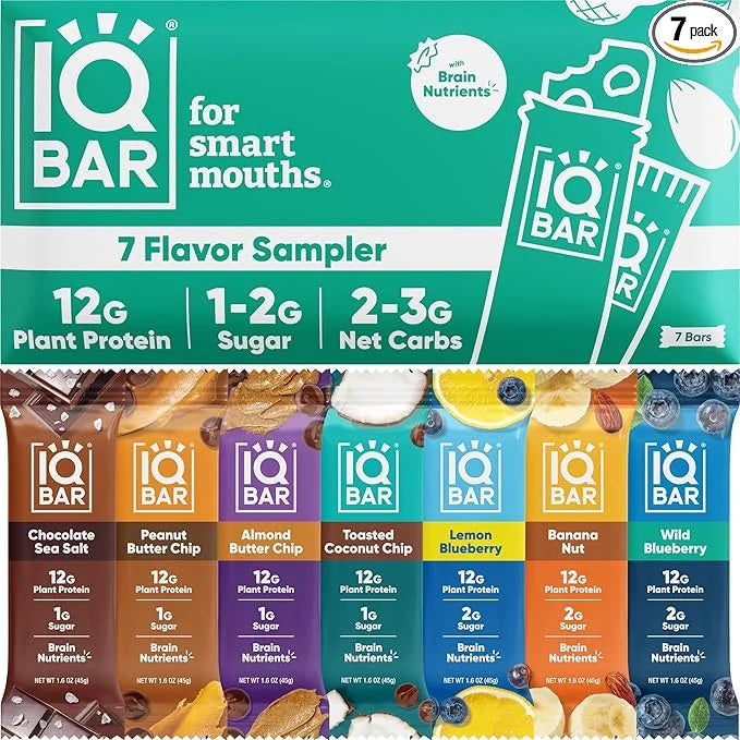 IQBAR Brain and Body Plant Protein Bars - 7 Bar Sampler Pack - Gluten Free, High Fiber, Vegan Snacks - Low Sugar Meal Repl...