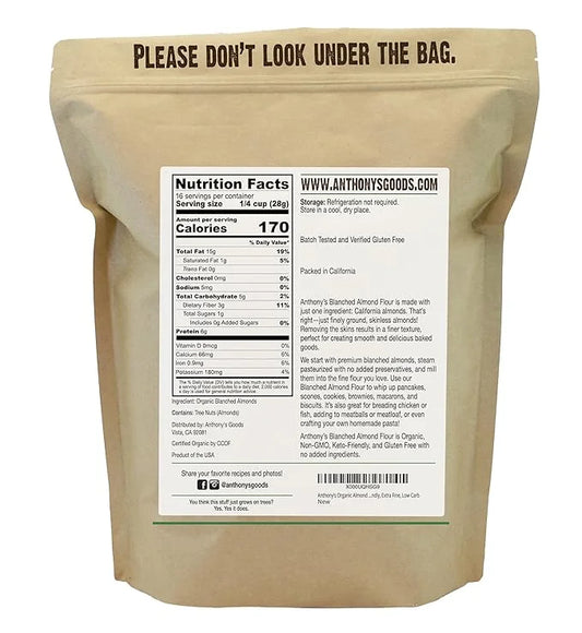 Anthony's Organic Almond Flour, 1 lb, Blanched, Gluten Free, Non GMO, Keto Friendly, Extra Fine, Low Carb - Product Image