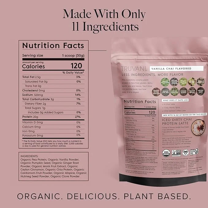Truvani Vegan Pea Protein Powder | Vanilla Chai | 20g Organic Plant Based Protein | 10 Servings | Keto | Gluten & Dairy Fr...