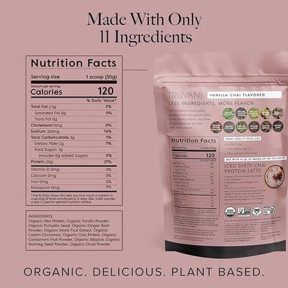 Truvani Vegan Pea Protein Powder | Vanilla Chai | 20g Organic Plant Based Protein | 10 Servings | Keto | Gluten & Dairy Fr...