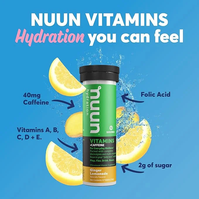 Nuun Hydration Vitamins Electrolyte Tablets + Caffeine, Ginger Lemonade, 5 Essential Electrolytes for Hydration + Vitamin ...