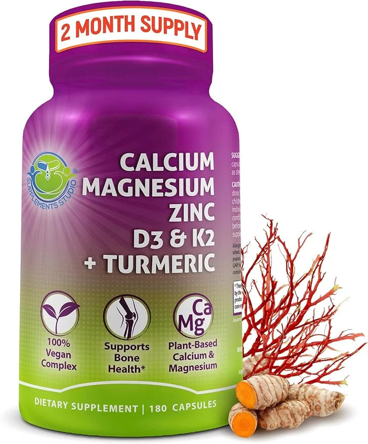 Plant-Based Calcium 500mg (Aquamin) – Vegan Calcium Magnesium Zinc D3 with Vitamin K2 & Organic Turmeric – Enhanced Bone a...
