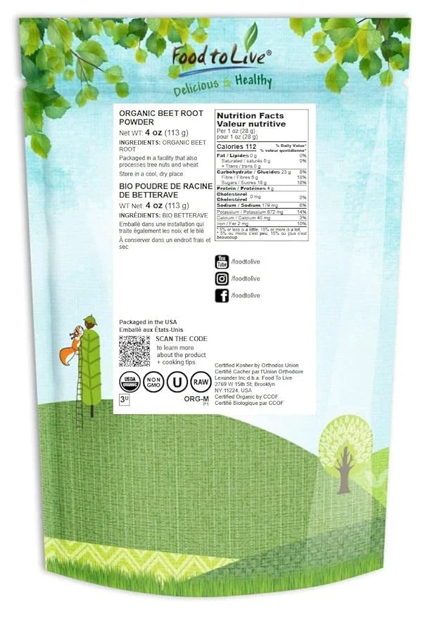 Food to Live Organic Beet Root Powder, 4 Ounces — Non-GMO, Raw, Kosher, 100% Pure, Vegan Superfood, Bulk, Rich in Iron and...