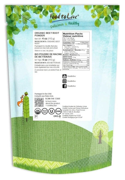 Food to Live Organic Beet Root Powder, 4 Ounces — Non-GMO, Raw, Kosher, 100% Pure, Vegan Superfood, Bulk, Rich in Iron and...