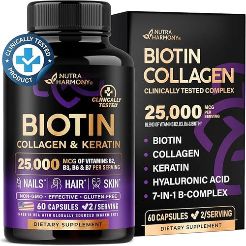 Biotin | Collagen | Keratin - 25,000 mcg B2, B3, B3, B6 B6 & B7 - 60 Capsules, 2 Capsules