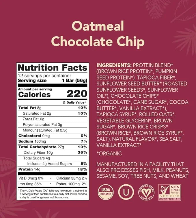 ALOHA Organic Plant Based Protein Bars - Oatmeal Chocolate Chip - 12 Count, 1.9oz Bars - Vegan Snacks, Low Sugar, Gluten-F...