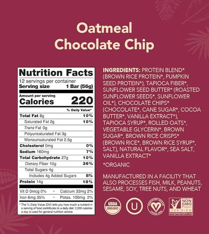 ALOHA Organic Plant Based Protein Bars - Oatmeal Chocolate Chip - 12 Count, 1.9oz Bars - Vegan Snacks, Low Sugar, Gluten-F...
