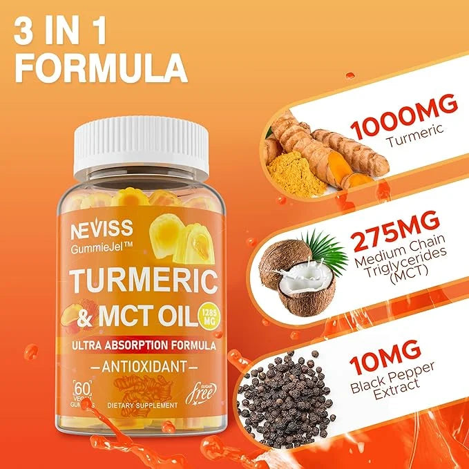 Turmeric Gummies 1000mg w/MCT Oil C8 C10, Organic Antioxidant, Sugar Free Turmeric Curcumin Supplement + Black Pepper Extr...