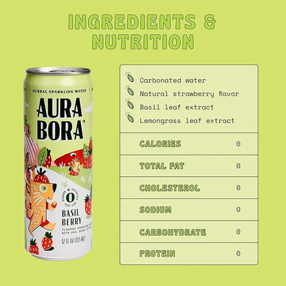 Aura Bora, Strawberry Basil Herbal Sparkling Water, 12 oz Can (Pack of 12), 0 Calories, 0 Sugar, 0 Sodium, Non-GMO - Produ...
