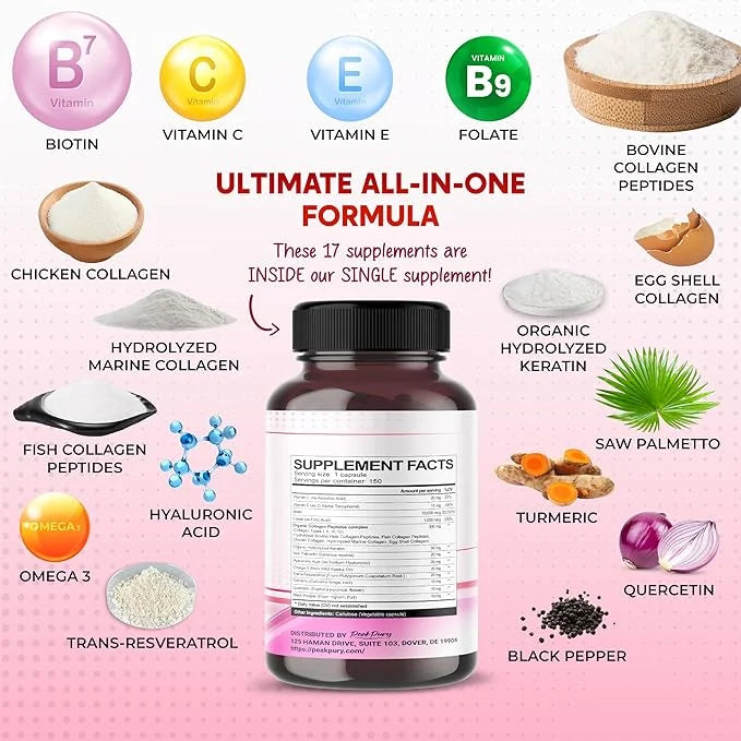 Collagen Biotin Resveratrol Saw Palmetto - Skin, Joint Health Support - Made in USA - Product Image