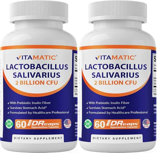 Vitamatic Lactobacillus Salivarius 2 Billion per DR Capsule - 60 Count - Digestive Support - Made with Prebiotic Inulin Fi...