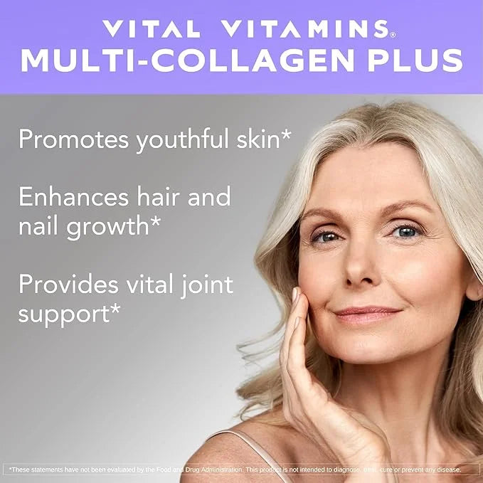 Vital Vitamins Multi Collagen Plus - with Biotin, Hyaluronic Acid, Vitamin C - Type I, II, III, V, X - for Women & Men - H...