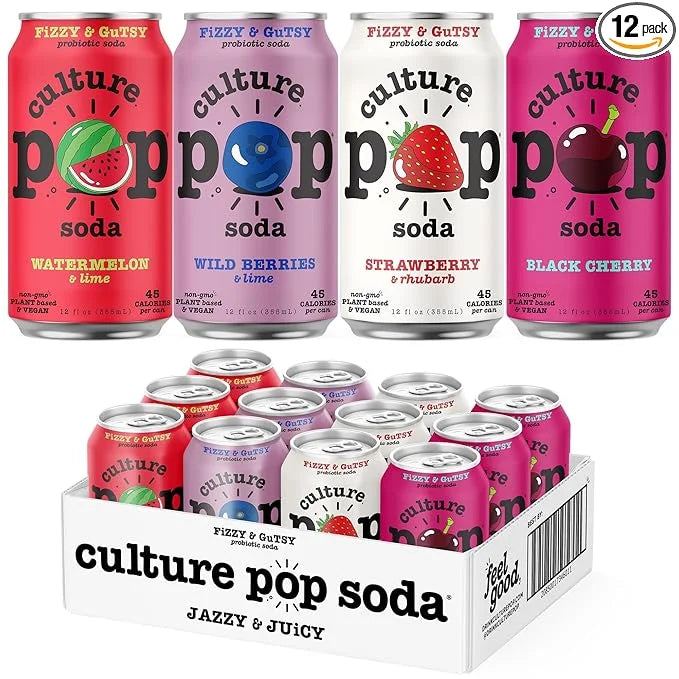 Culture Pop Soda, Jazzy & Juicy Variety Pack, Probiotic Low Sugar Soda, Sparkling Juice Alternative, Non-GMO, Kosher, Glut...