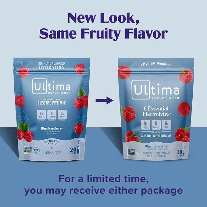 Ultima Replenisher Daily Electrolyte Powder Drink Mix – Blue Raspberry, 20 Stickpacks – Hydration Packets with 6 Electroly...
