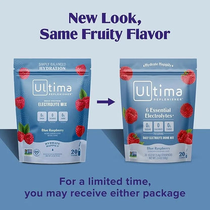Ultima Replenisher Daily Electrolyte Powder Drink Mix – Blue Raspberry, 20 Stickpacks – Hydration Packets with 6 Electroly...