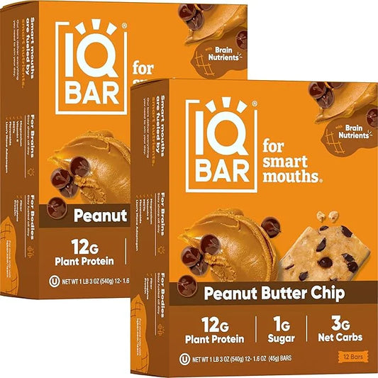 IQBAR Brain and Body Plant Protein Bars - Peanut Butter Chip - 24-Count Low Carb - Gluten Free, High Fiber, Vegan Snacks -...