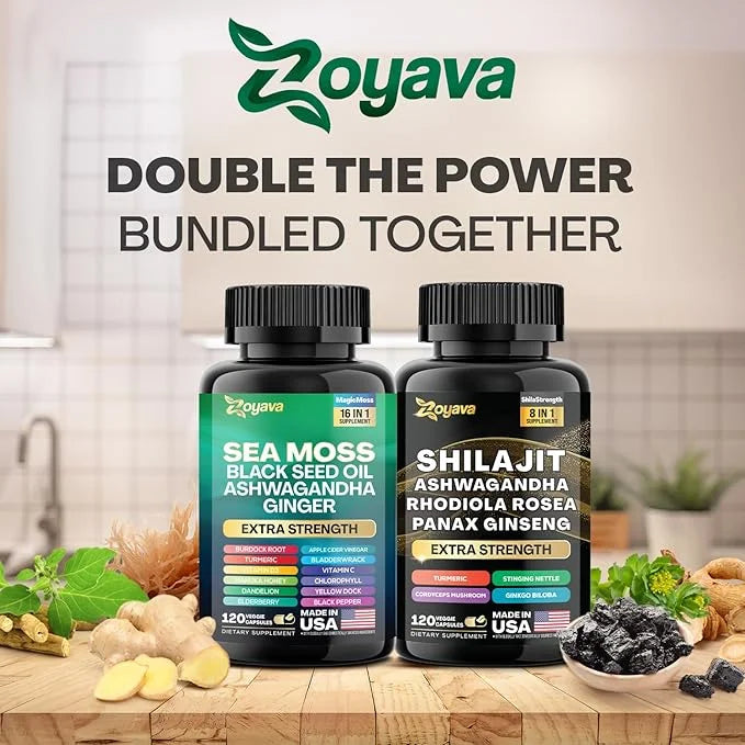Zoyava Dynamic Vitality Bundle, Sea Moss 7000mg, Black 4000mg, Ashwagandha 2000mg, Ginger 9000mg, Rhodiola 1000mg, Panax (...