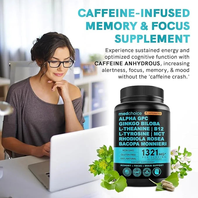 12-in-1 Nootropic Brain Supplement with Caffeine Anhydrous: Ginkgo Biloba for Brain Support, Memory and Focus - B12, Alpha...