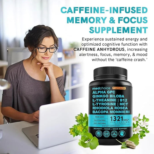 12-in-1 Nootropic Brain Supplement with Caffeine Anhydrous: Ginkgo Biloba for Brain Support, Memory and Focus - B12, Alpha...