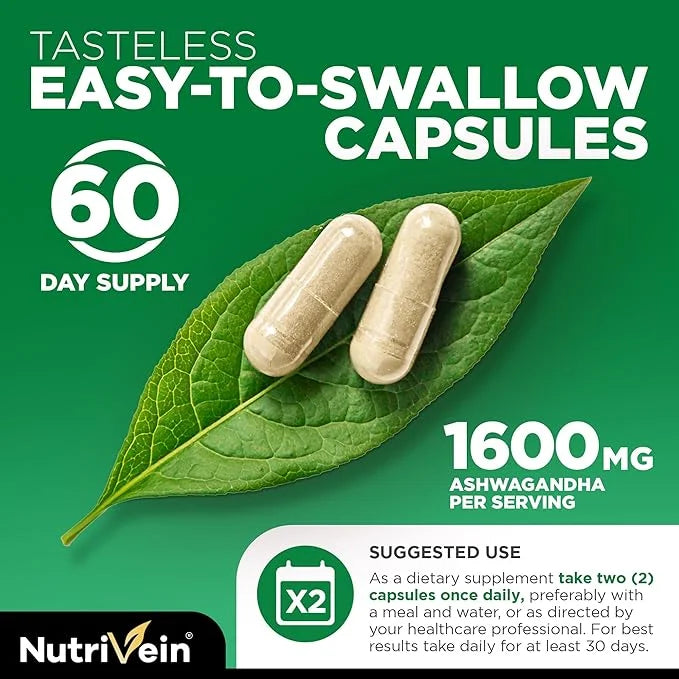 Nutrivein Organic Ashwagandha Capsules 1600mg 120 Vegan 100% Pure