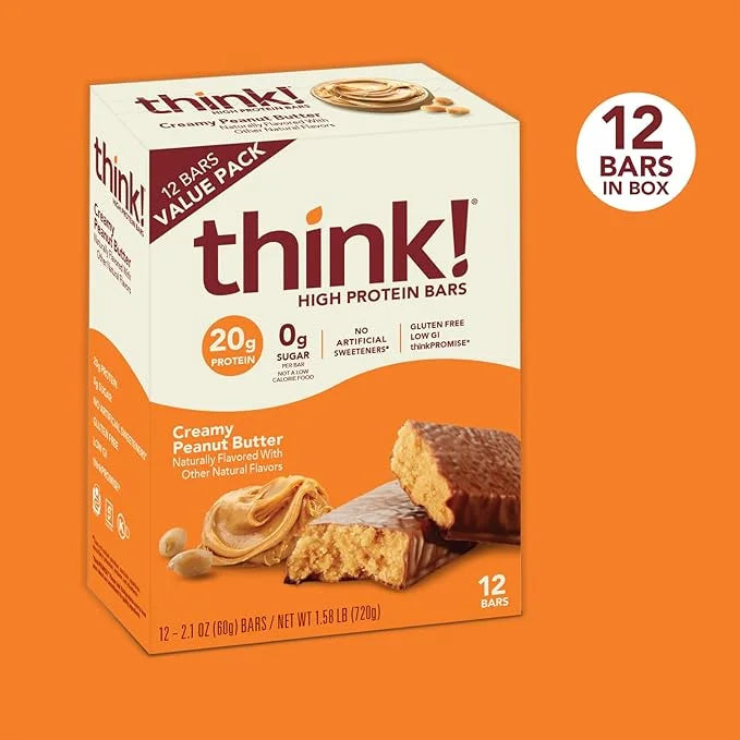 Think! Protein Bars, High Protein Snacks, Gluten Free, Sugar Free Energy Bar with Whey Protein Isolate, Creamy Peanut Butt...