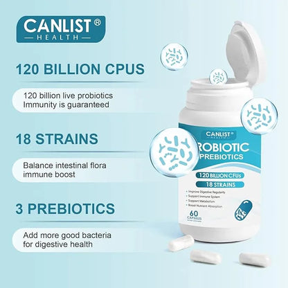 Probiotics 120 Billion CFUs 18 Strains, 3 Prebiotics 60 Vegetarian
