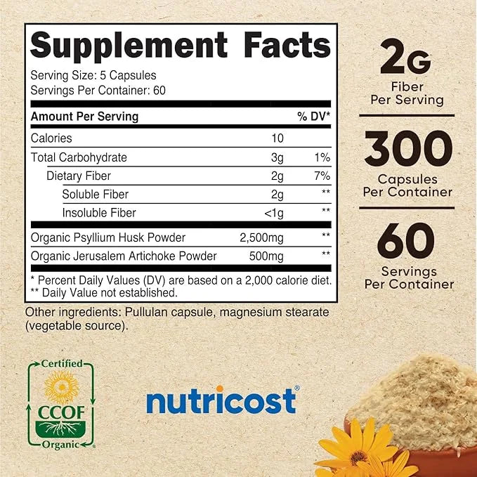 Nutricost Fiber Capsules with Prebiotic Fiber 300 Capsules 60 Servings, 2 G