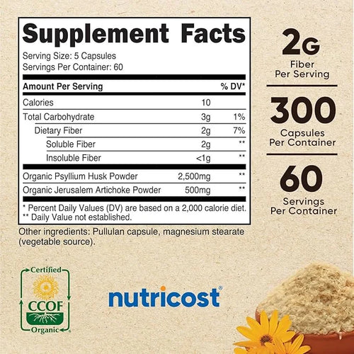 Nutricost Fiber Capsules with Prebiotic Fiber 300 Capsules 60 Servings, 2 G