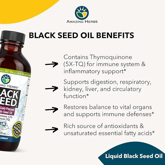 Amazing Herbs Premium Black Seed Oil - Cold Pressed Nigella Sativa Aids in Digestive Health, Immune Support, Brain Functio...