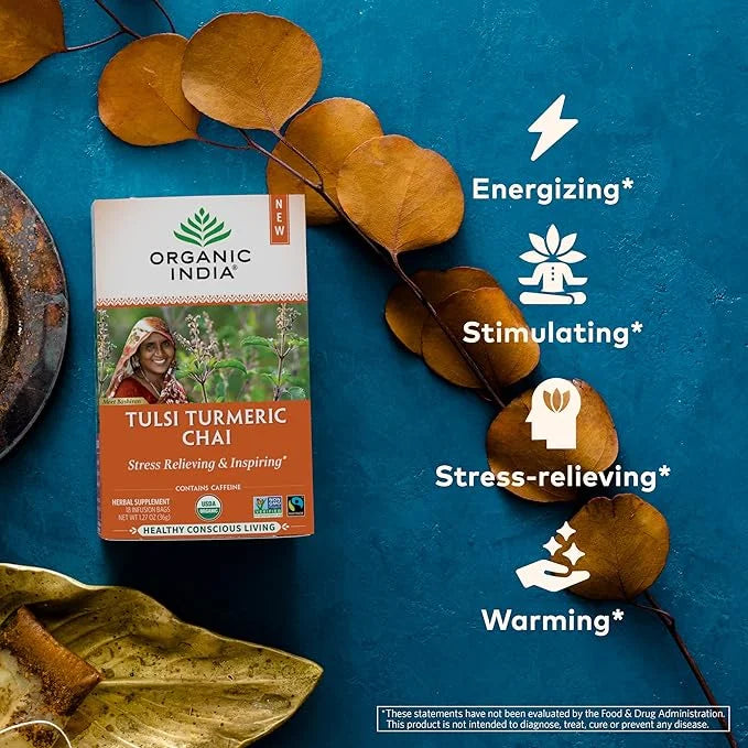 Organic India Tulsi Turmeric Chai Tea - Herbal Tea Bags with Caffeine, Ginger Root, Cinnamon, Holy Basil, Stress Relieving...