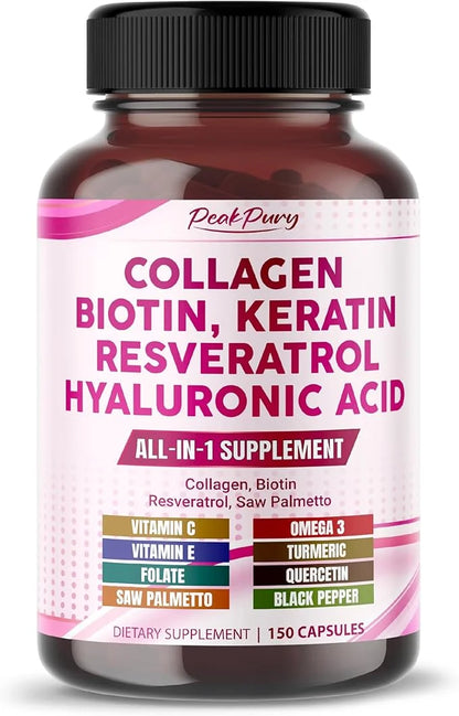 Collagen Biotin Resveratrol Saw Palmetto - Skin, Joint Health Support - Made in USA - Product Image