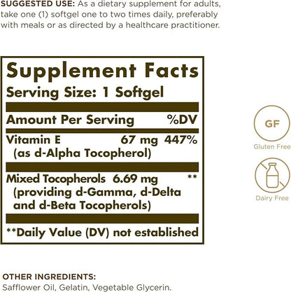 Solgar Vitamin E 67 mg (100 IU) - 100 Softgels, Pack of 2 - Antioxidant Support - Gluten & Dairy Free - 200 Total Servings...
