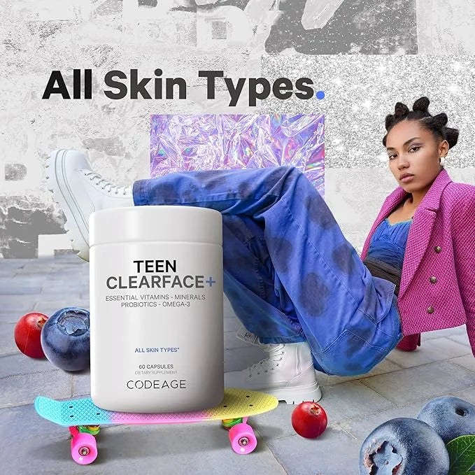 Codeage Teen Clearface Adolescent Face, Skin & Pimples, Vitamins A, C, D3, E, Pantothenic Acid, Niacin, Zinc Supplement Te...