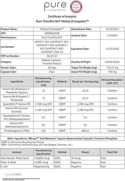 Methyl B Complete 5-MTHF Folate B12 Methylcobalamin, B2, B6 B6 & 120 Vegan