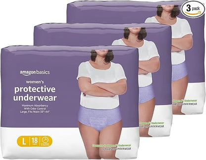 Amazon Basics Women's Protective Underwear, Incontinence 54 Count, (3 Packs 18)