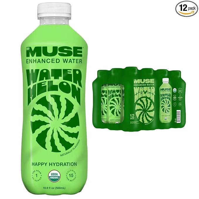 MyMuse Organic Enhanced Flavored Water, Watermelon, 16.9oz Bottle (12 pack), 1G of Sugar, Immune Support with Zinc & Elder...