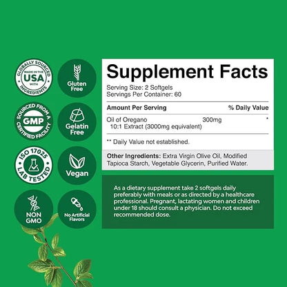 Vegan Wild Oregano Oil Softgels 3000mg Herbal 70% Carvacrol (120ct)
