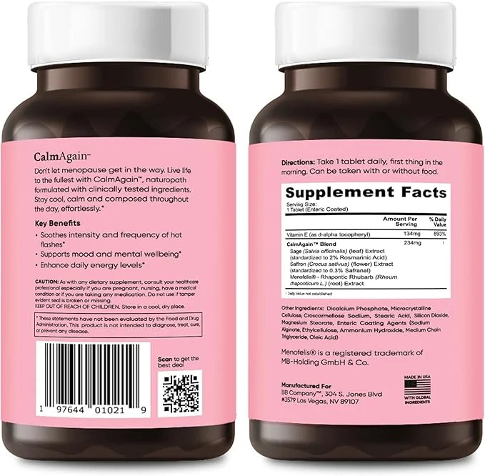 BB Company CalmAgain Menopause Support, Relief & Hormone Balance - Nervousness Relief, Mood Support, Hot Flashes, Night Sw...