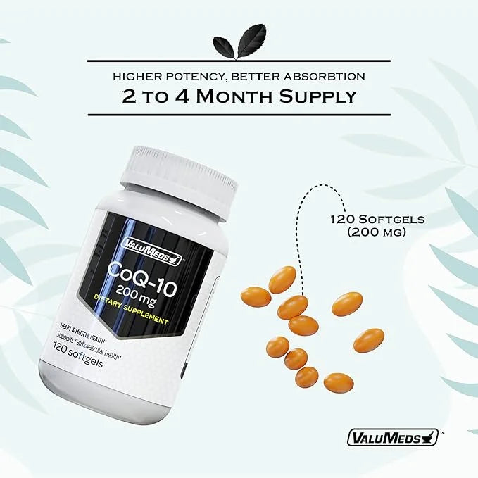 ValuMeds CoQ-10 Non-GMO Coenzyme Q10 Supplement, 120 Softgels (120 Count 1), 200 200 mg)
