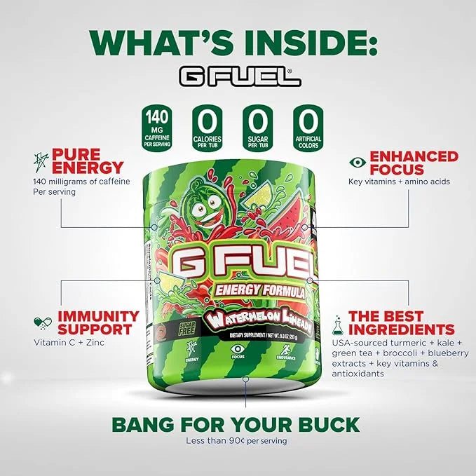 G Fuel Watermelon Limeade Energy Drink Powder, Pre Workout Caffeine Powder, Energy Powder Drink Mix for Gaming, Sugar Free...