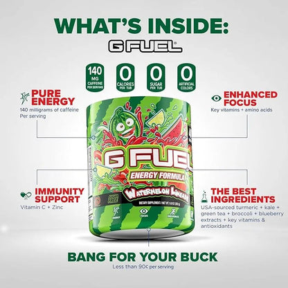 G Fuel Watermelon Limeade Energy Drink Powder, Pre Workout Caffeine Powder, Energy Powder Drink Mix for Gaming, Sugar Free...