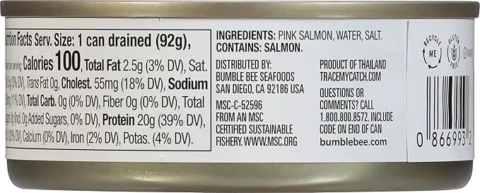 Bumble Bee Skinless & Boneless Canned Pink Salmon in Water, 5 oz Can - Premium Wild Caught Salmon - 20g Protein per Servin...